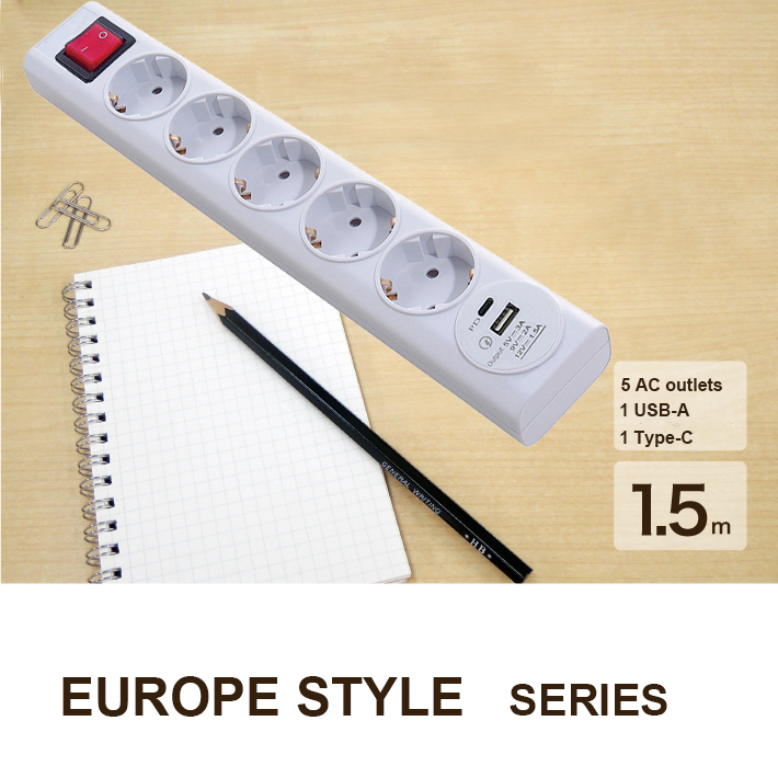 Europe power strip 6 outlets USB C 2